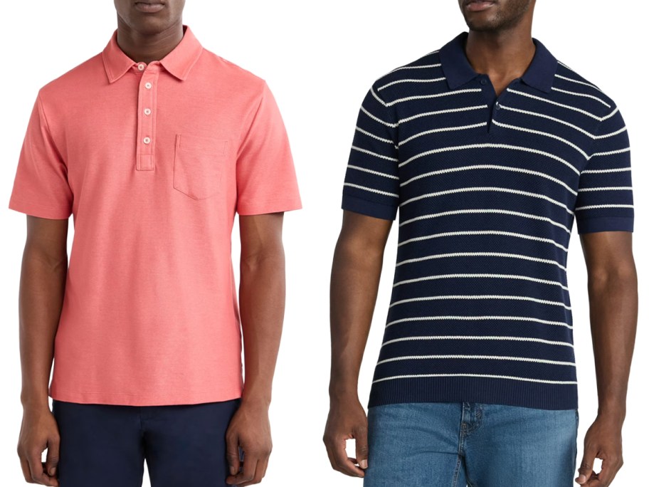 Free Assembly Men's Long Placket Polo Shirt with Short Sleeves and Textured Sweater Polo with Short Sleeves