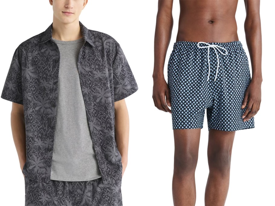 Free Assembly Men's Twill Camp Shirt with Short Sleeves and Twill Swim Trunks