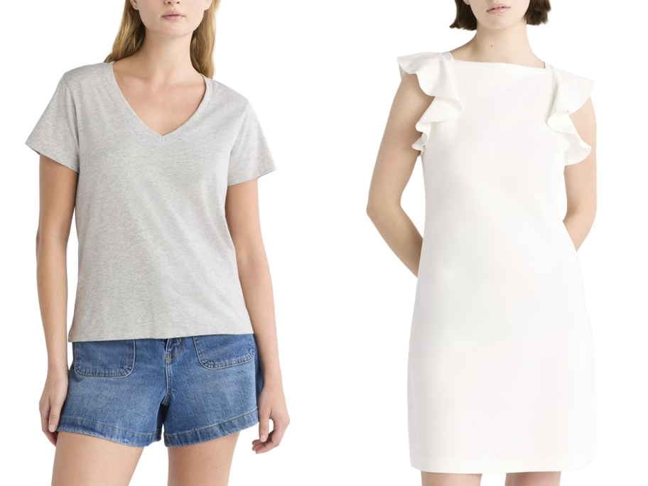 Free Assembly Women's Cotton V-Neck Tee with Short Sleeves and Ruffle Sleeve Tank Dress