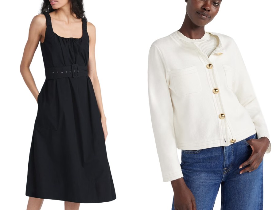 Free Assembly Women's and Women's Plus Belted Cotton Utility Midi Dress and Long Sleeve Cardigan Sweater with Chest Pockets