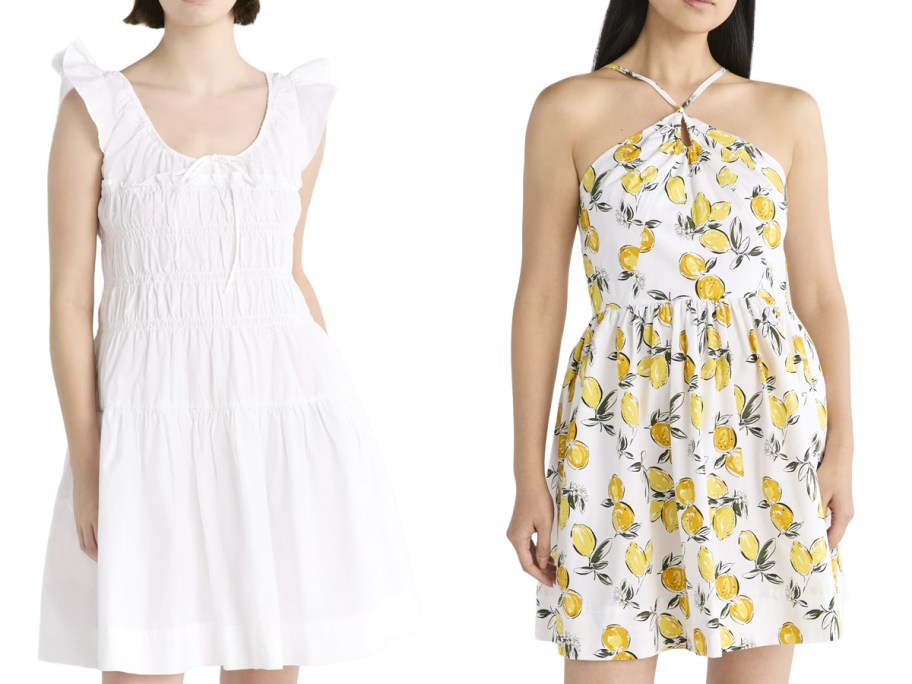 Free Assembly Women's and Women’s Plus Smocked Cotton Mini Dress with Flutter Sleeves and Sleeveless Halter Fit and Flare Cotton Mini Dress