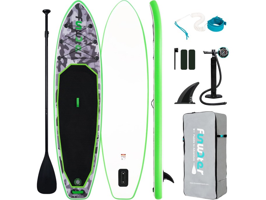 camo print and green paddle board with accessories