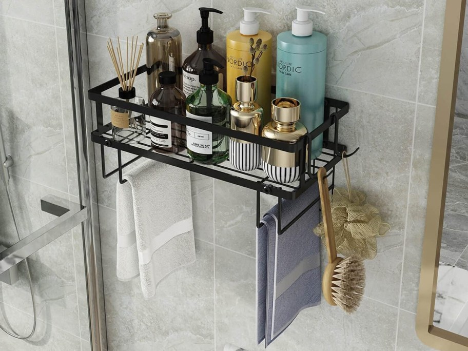 Godboat 1-Tier Bathroom Organizer in Black mounted on a wall