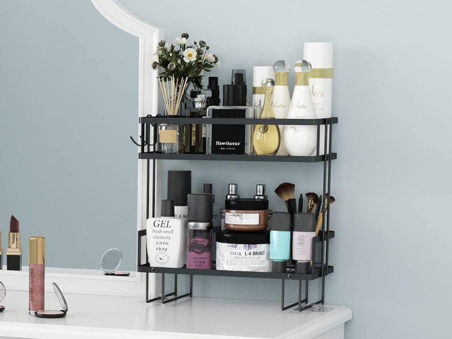 Godboat 2-Tier Bathroom Organizer in Black on a counter