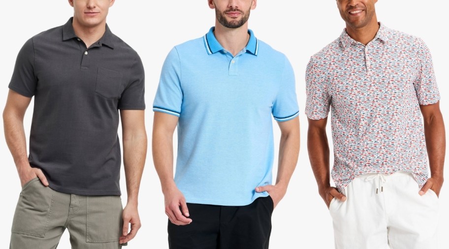 3 mens in different styles of polo shirts