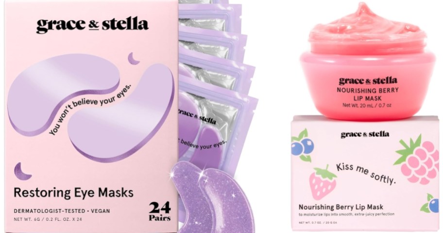 a box of Grace & Stella under-eye masks and a box and container of their Lip Mask