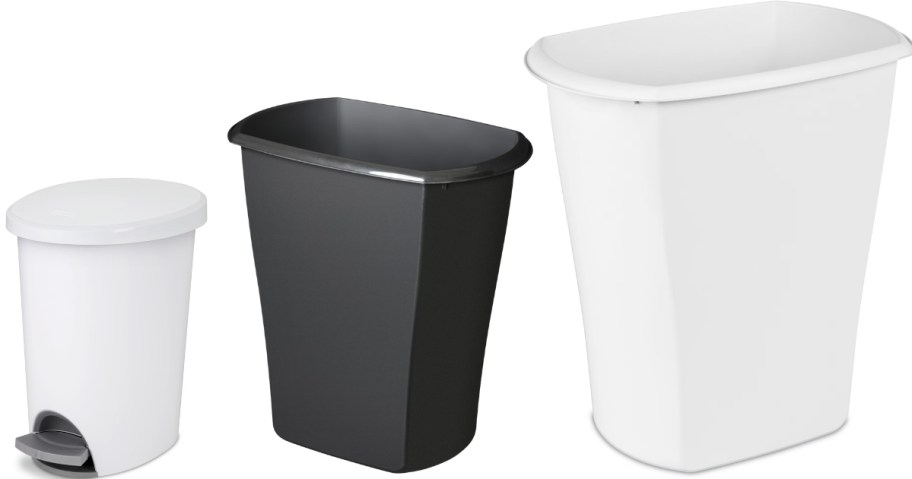a small step trash can with a lid, a medium and a larger size open trash can