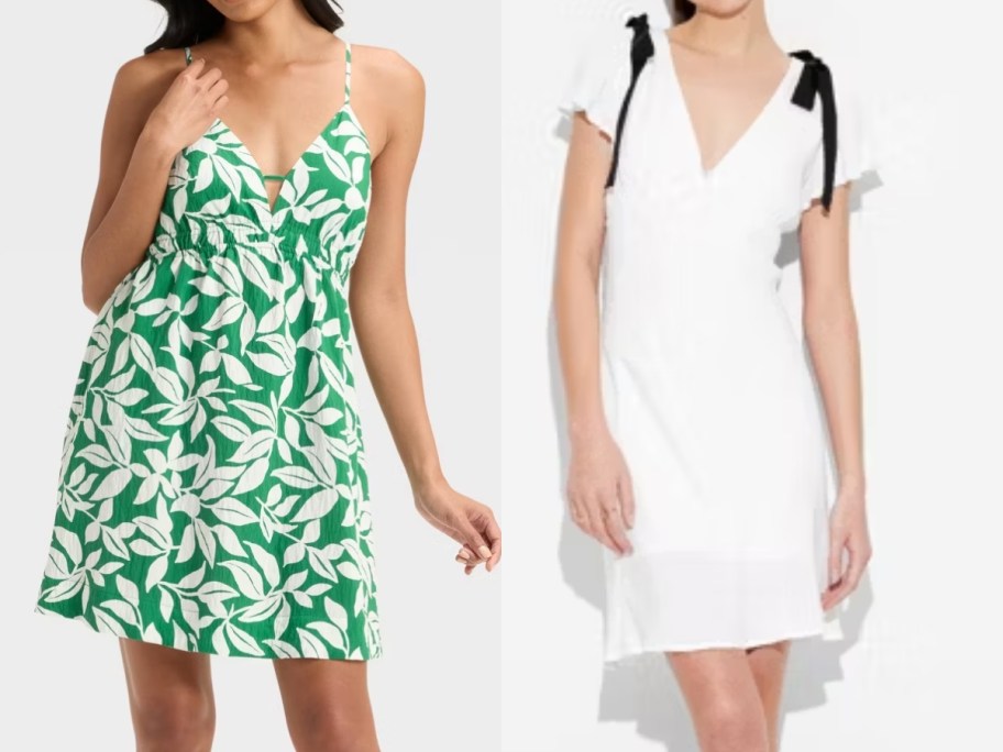 two women wearing different styles of dresses