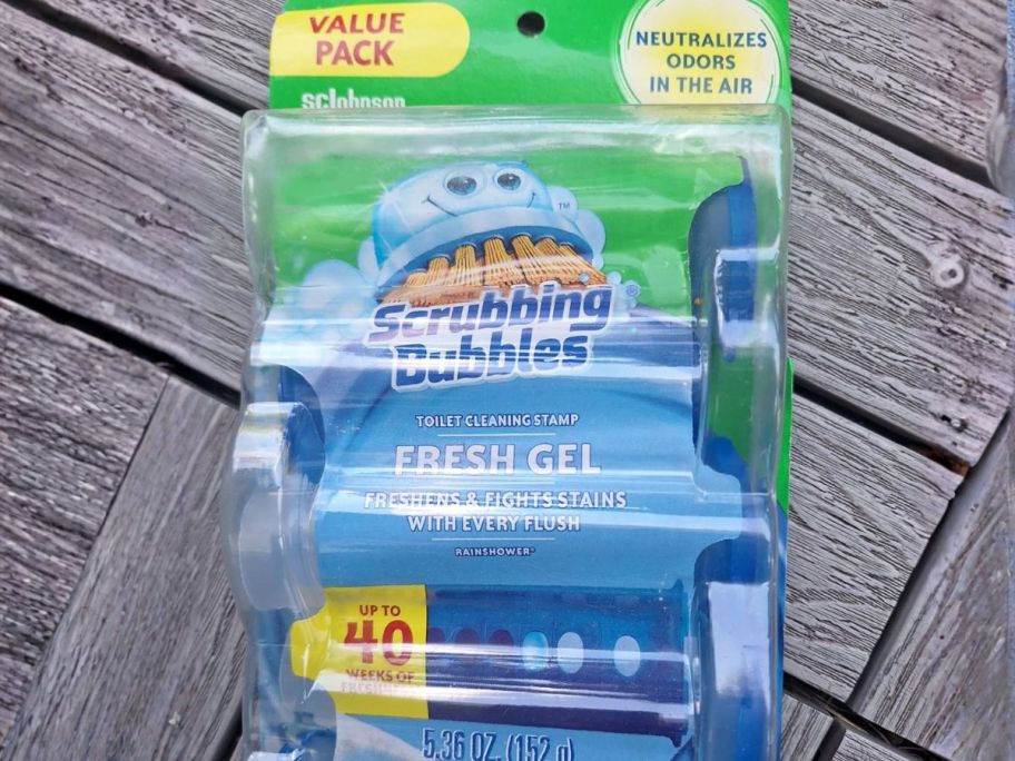 a scrubbing bubbles toilet stamp 24 count pack on a table