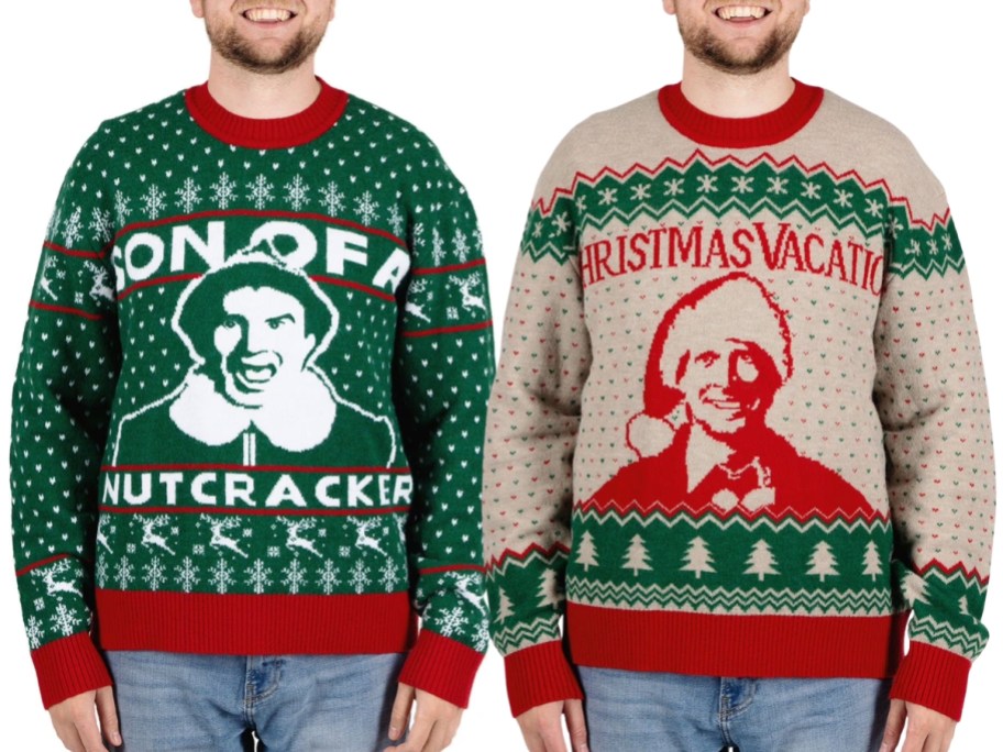 two men wearing Christmas sweaters, one with Elf, one with Christmas Vacation