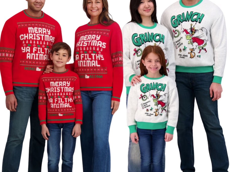 two families wearing matching Christmas sweaters - one from Home Alone, and one from the Grinch