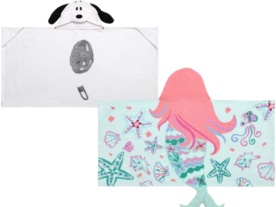 a kids Snoopy hooded bath towel and a Mermaid hooded bath towel