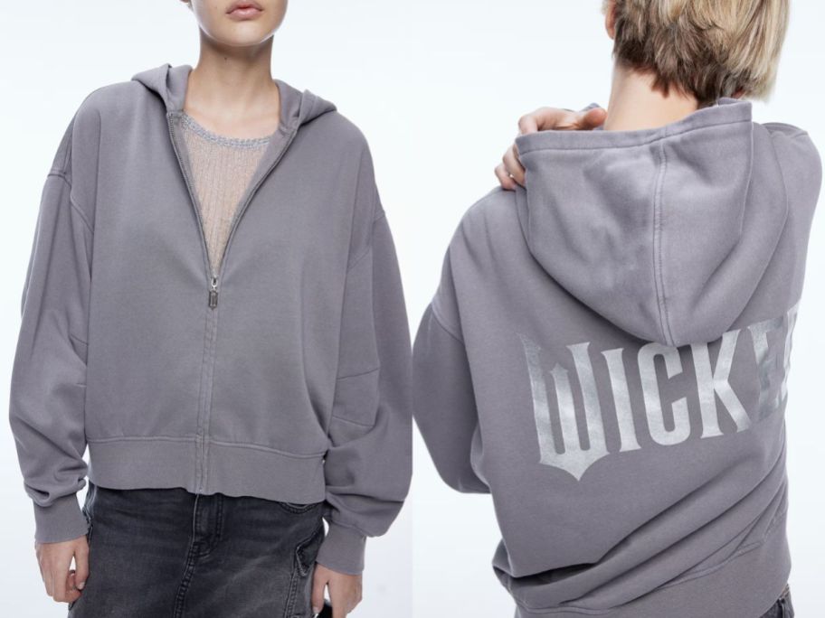 Front and back view of a woman wearing a Wicked hoodie