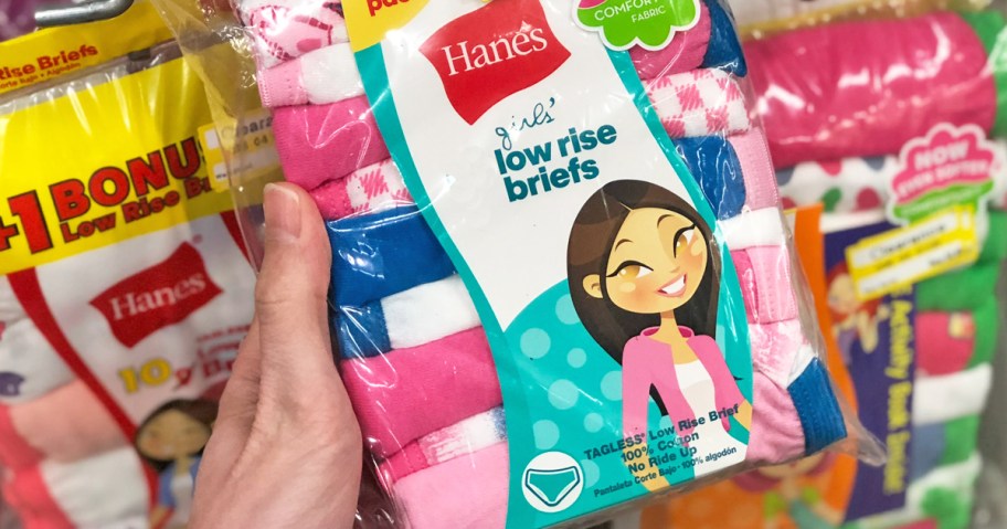 hand holding a pack of hanes girls underwear