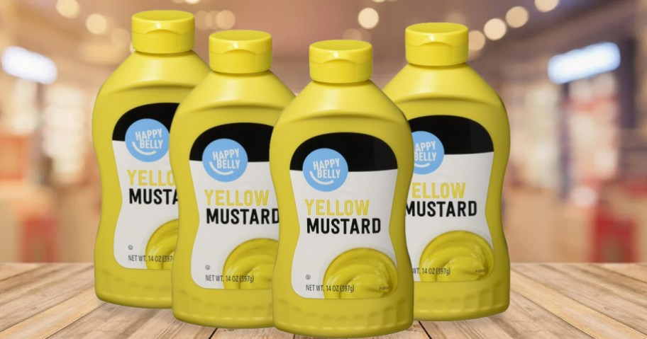 4 bottles of Happy Belly Yellow Mustard on wood table