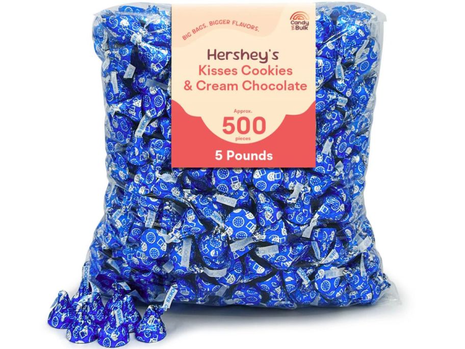 a large bag of Hershey's kisses with blue foil
