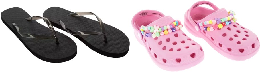 black flip flops and pink clogs