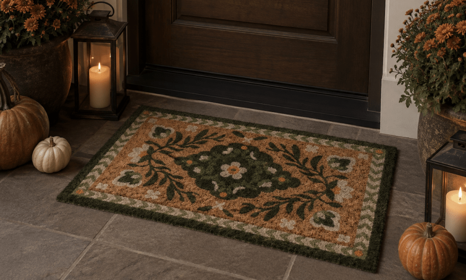 persian floral doormat on front porch with pumpkins and lanterns and mums