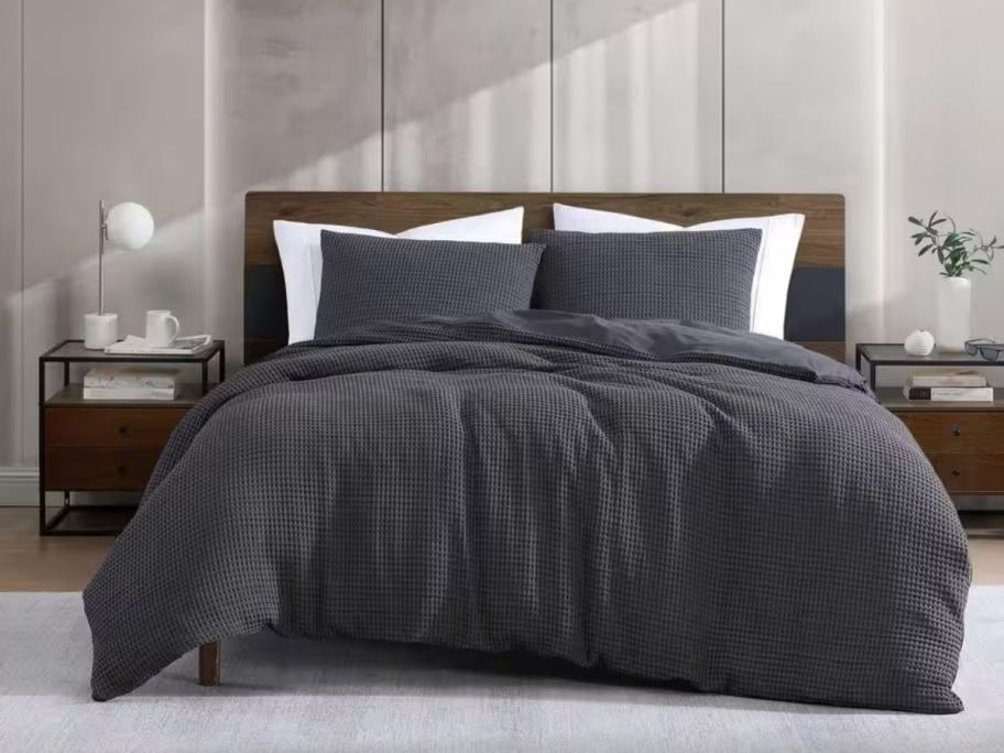 grey Kenneth Cole New York KCNY Solid Waffle Polyester 3-Piece Duvet Cover Set on bed