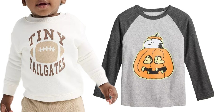 Stock images of a toddler wearing a jumping beans fleece shirt and a jumping beans peanuts graphic tee