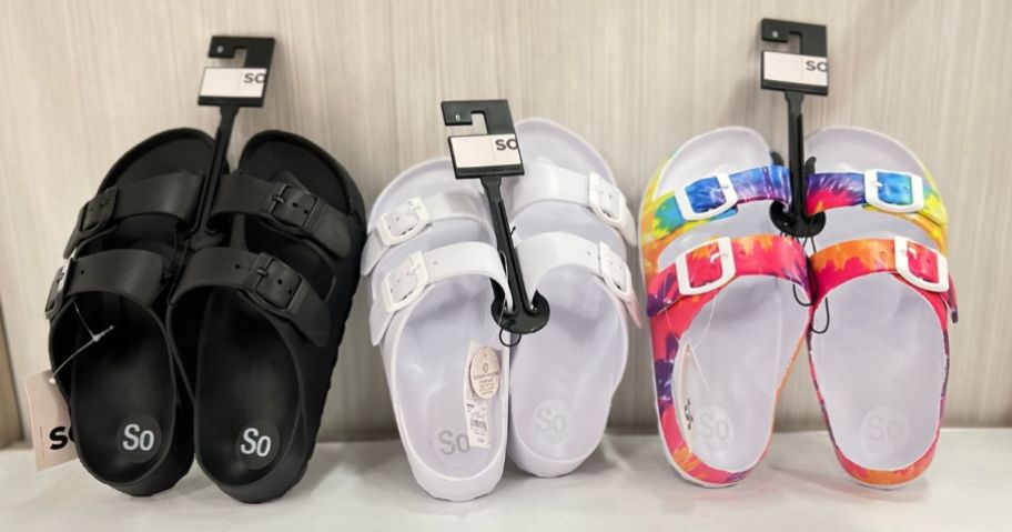 3 Pairs of Kohl's Women's 2-Strap Footbed Sandals in black, white, and rainbow tie-dye