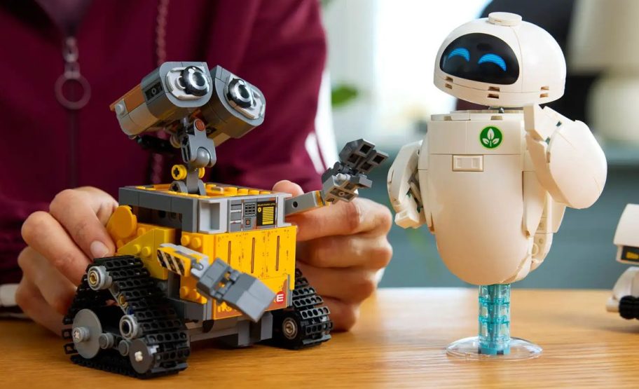 LEGO Wall-e and Eve being played with on a counter