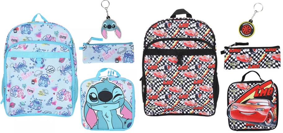 stitch and cars themed backpack sets