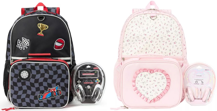 racing and floral print backpack sets with headphones