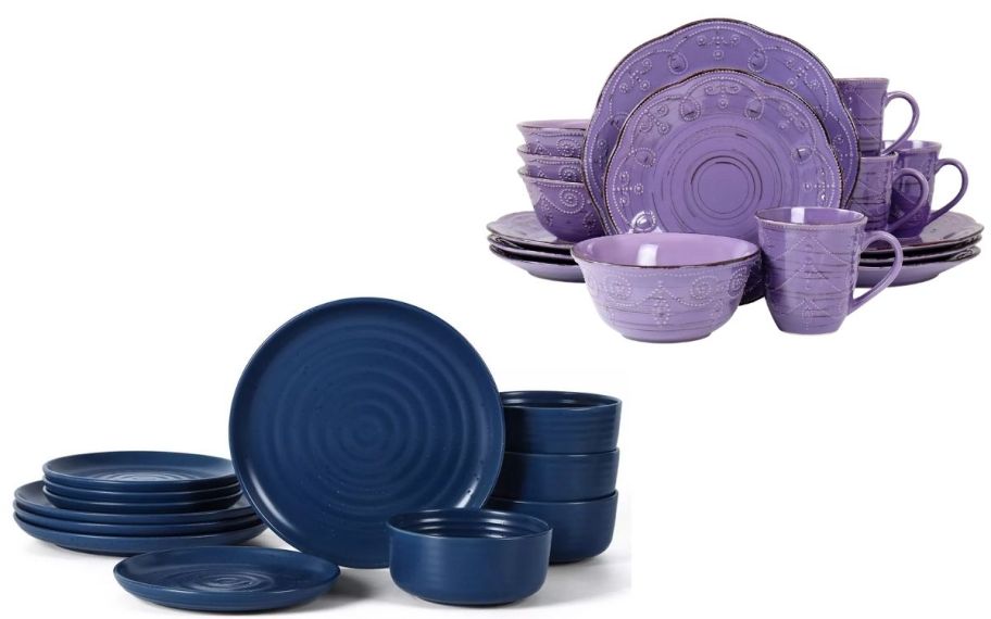 stock image of blue and purple dinnerware sets