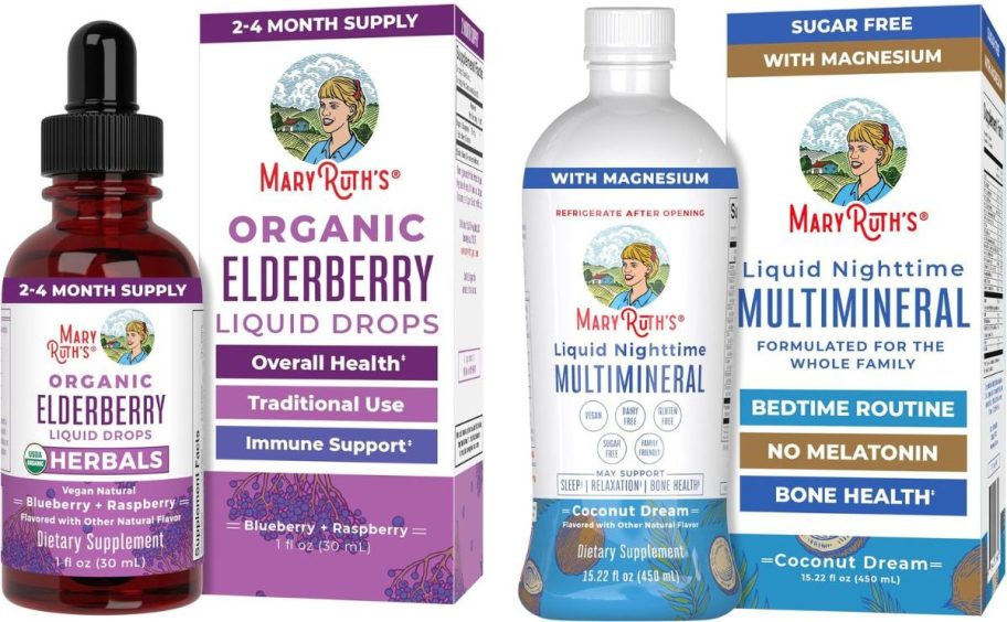 Stock images of Mary Ruth's Organics Elderberry Drops and Liquid Nighttime Multimineral