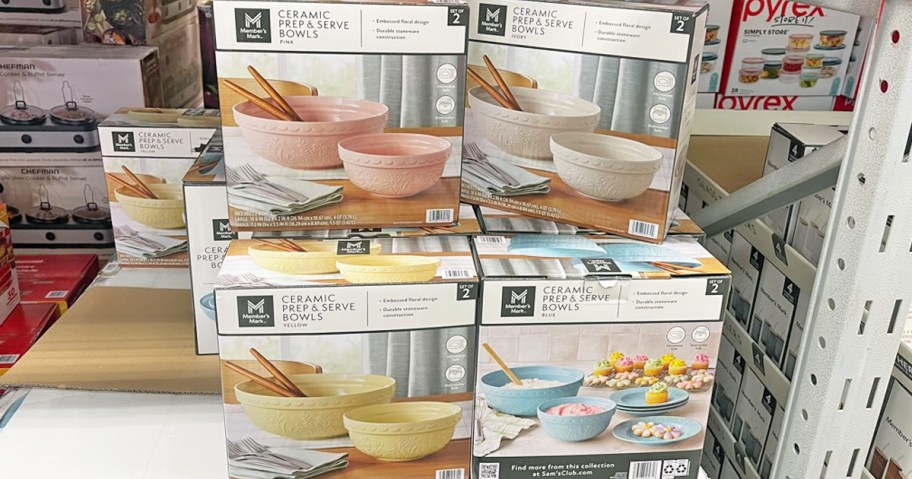 boxes of ceramic serving bowl sets in store