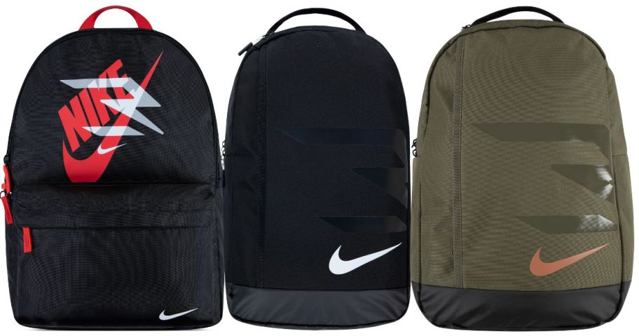 2 black backpacks and 1 green backpack 