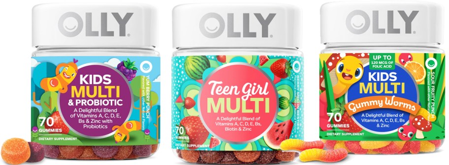 three bottles of OLLY kids vitamins