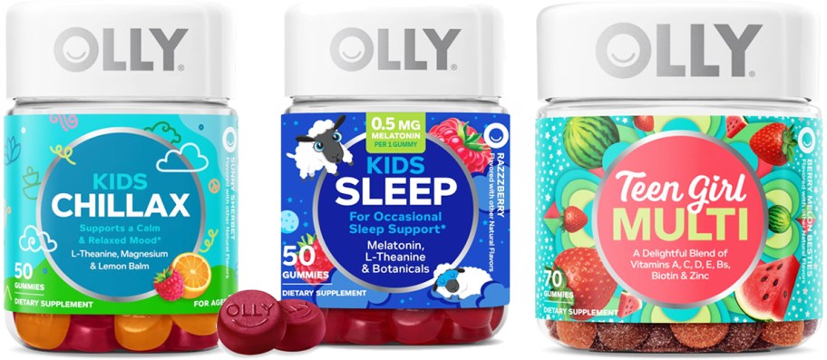 three bottles of OLLY kids vitamins