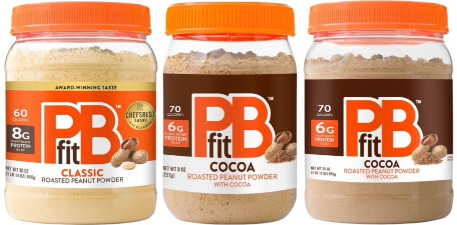 classic PBfit powder in 30oz and PBfit cocoa peanut butter in 8oz and 30oz jars