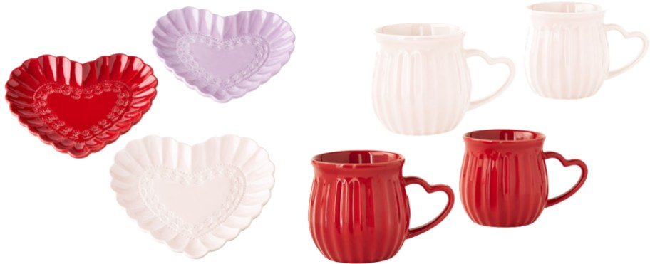 heart appetizer plates and pink and red coffee mugs with heart shaped handles