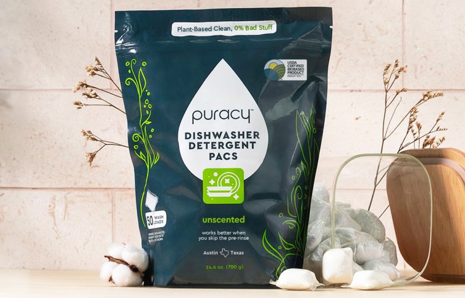 bag of Puracy Dishwasher Detergent Pods on a counter