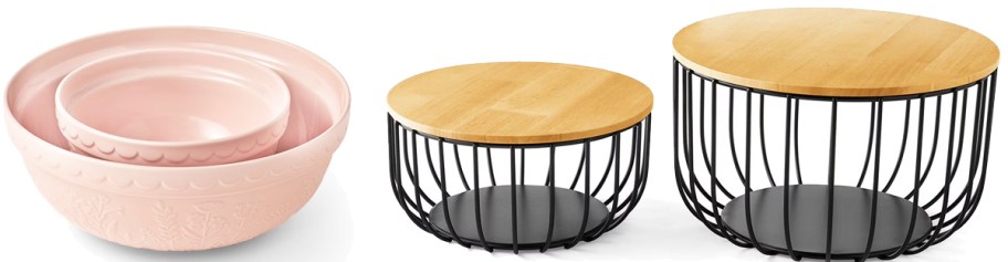 pink mixing bowls and black wire baskets