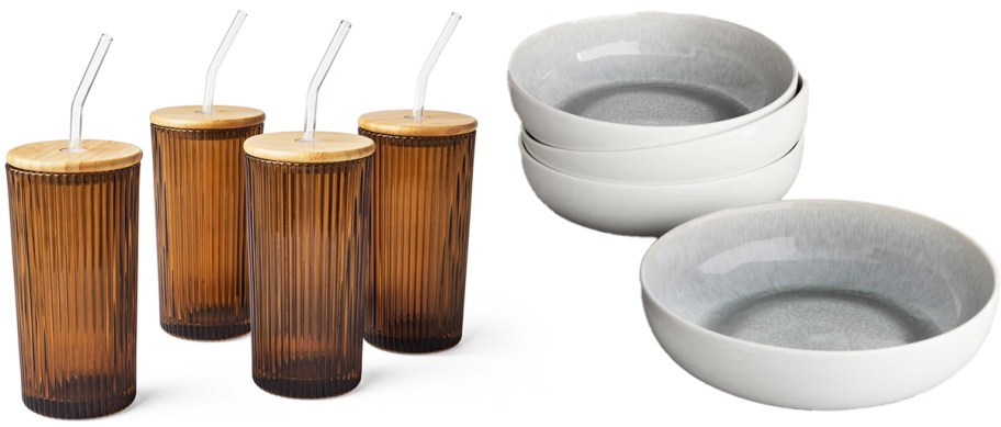 brown glass tumblers and grey pasta bowls