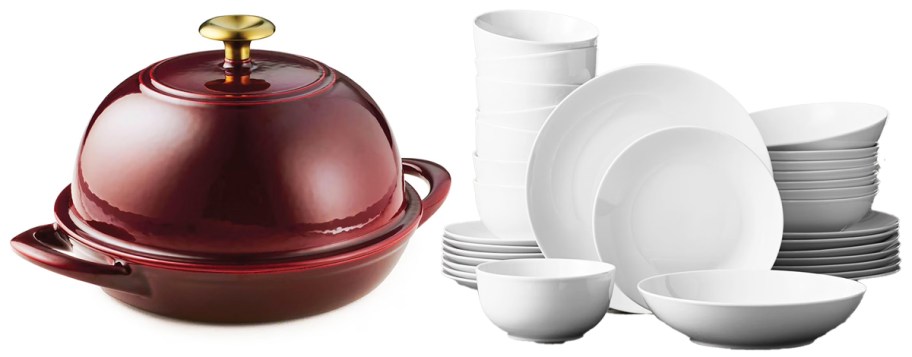 red bread oven and white dinnerware set