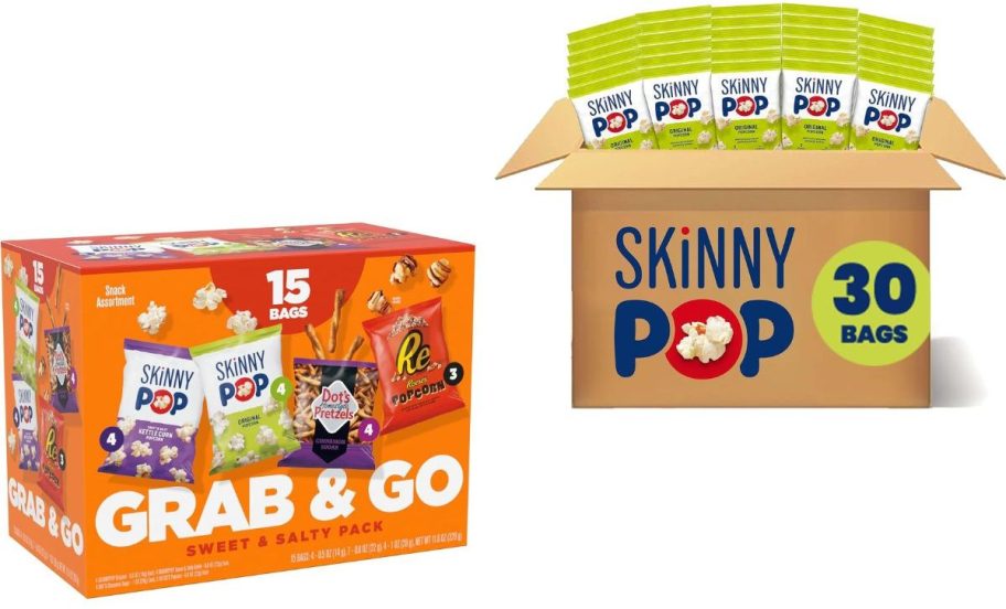 Stock images of two multipaks of Skinnypop popcorn