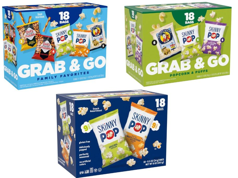 Stock images of 3 boxes of SkinnyPop Variety Packs