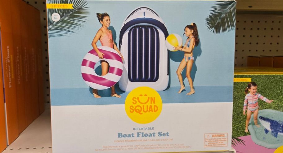 Sun squad boat float on top of a shelf