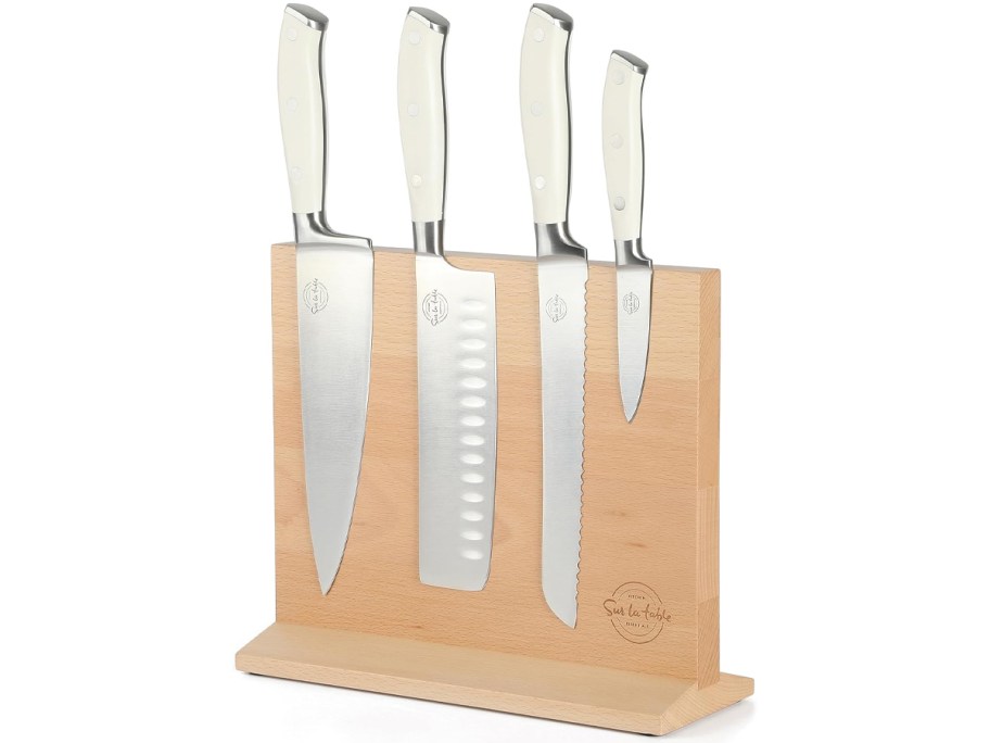 Sur La Table Kitchen Essentials 5 Piece German Steel Blade w:Triple Riveted Handle Set on Beechwood Magnetic Block