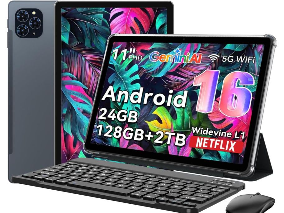 android tablet with its keyboard and mouse next to it