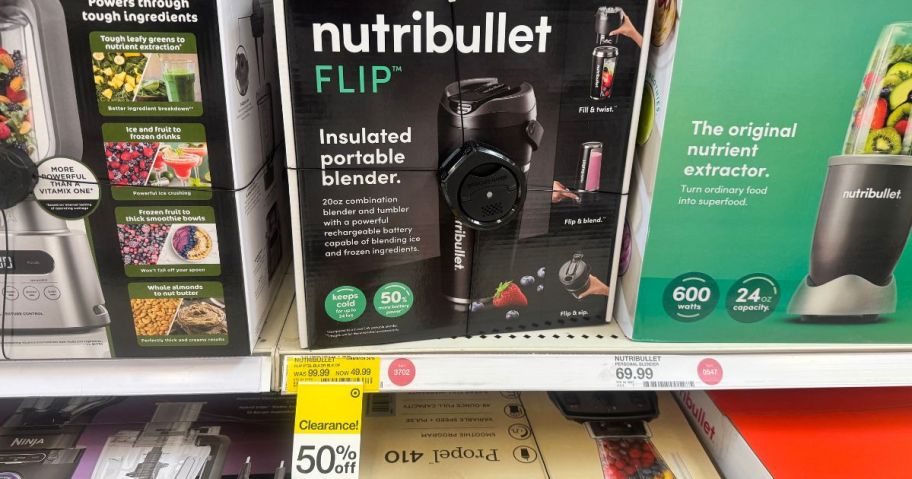A Nutribullet Flip on the shelf at Target with a Yellow clearance tag 