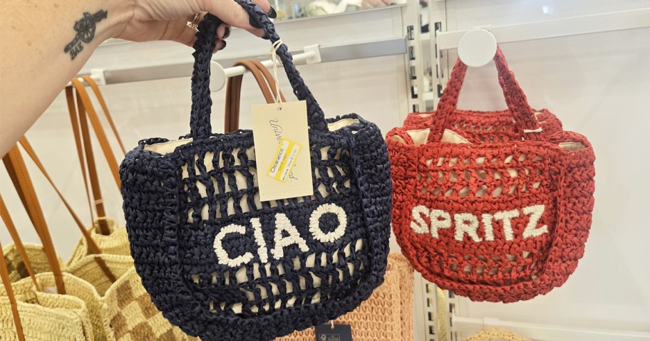 blue and red straw tote bags that said ciao and spritz on them