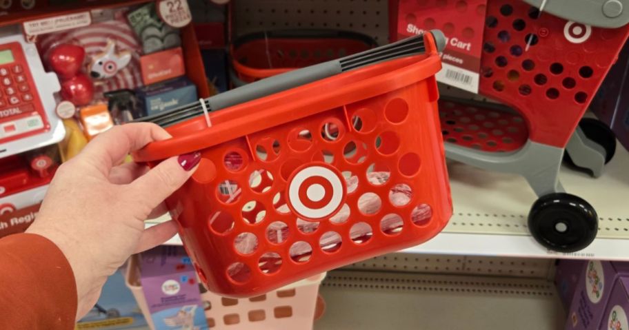 Hand holding a target Mini Toy Shopping Basket Set