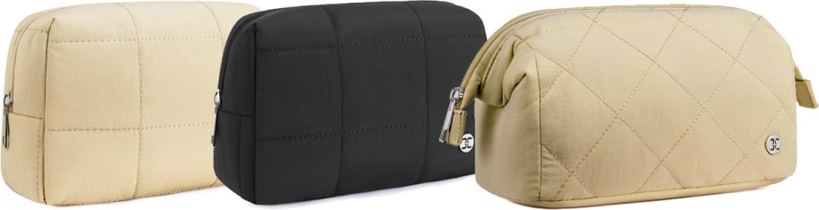 three tan and black quilted makeup bags