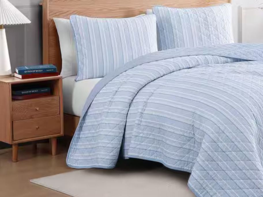 Tommy Hilfiger Sailing Stripe 2-Piece White/Dark Kentucky Blue Cotton Twin Quilt Set on bed